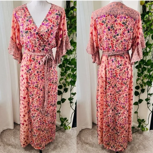 Lovestitch Priscilla Mauve Floral Flowy Wrap Maxi Dress Flutter Slvs Tie Belt LG - Picture 12 of 15